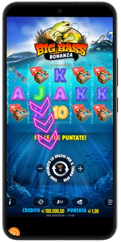 Big Bass Bonanza in gioco su mobile – griglia 5x3 con simboli attivi e puntata €1,00