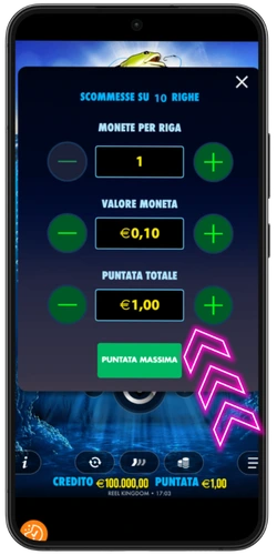 Schermata mobile Big Bass Bonanza – impostazione puntata €1,00 con valore moneta €0,10
