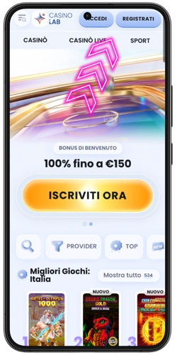Homepage Casino Lab su mobile slot Big Bass Bonanza – bonus di benvenuto 100% fino a €150 con pulsante Iscriviti Ora