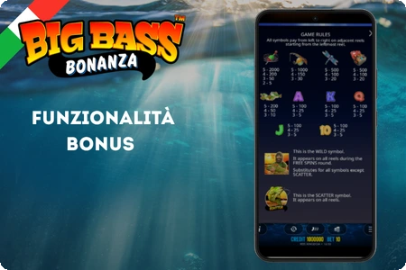 Big Bass Bonanza – schermata regole di gioco con tabella simboli, wild e scatter su mobile